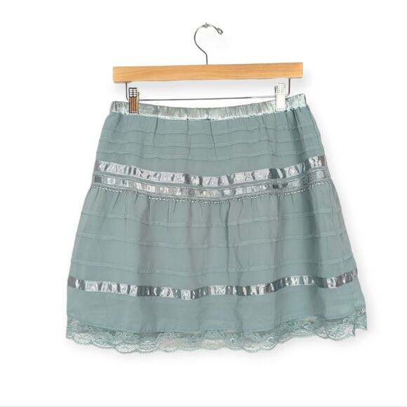 H&M Divided Tidewater Blue Satin Stripe Lace Trim Mini Skirt Size 10 - Picture 2 of 7